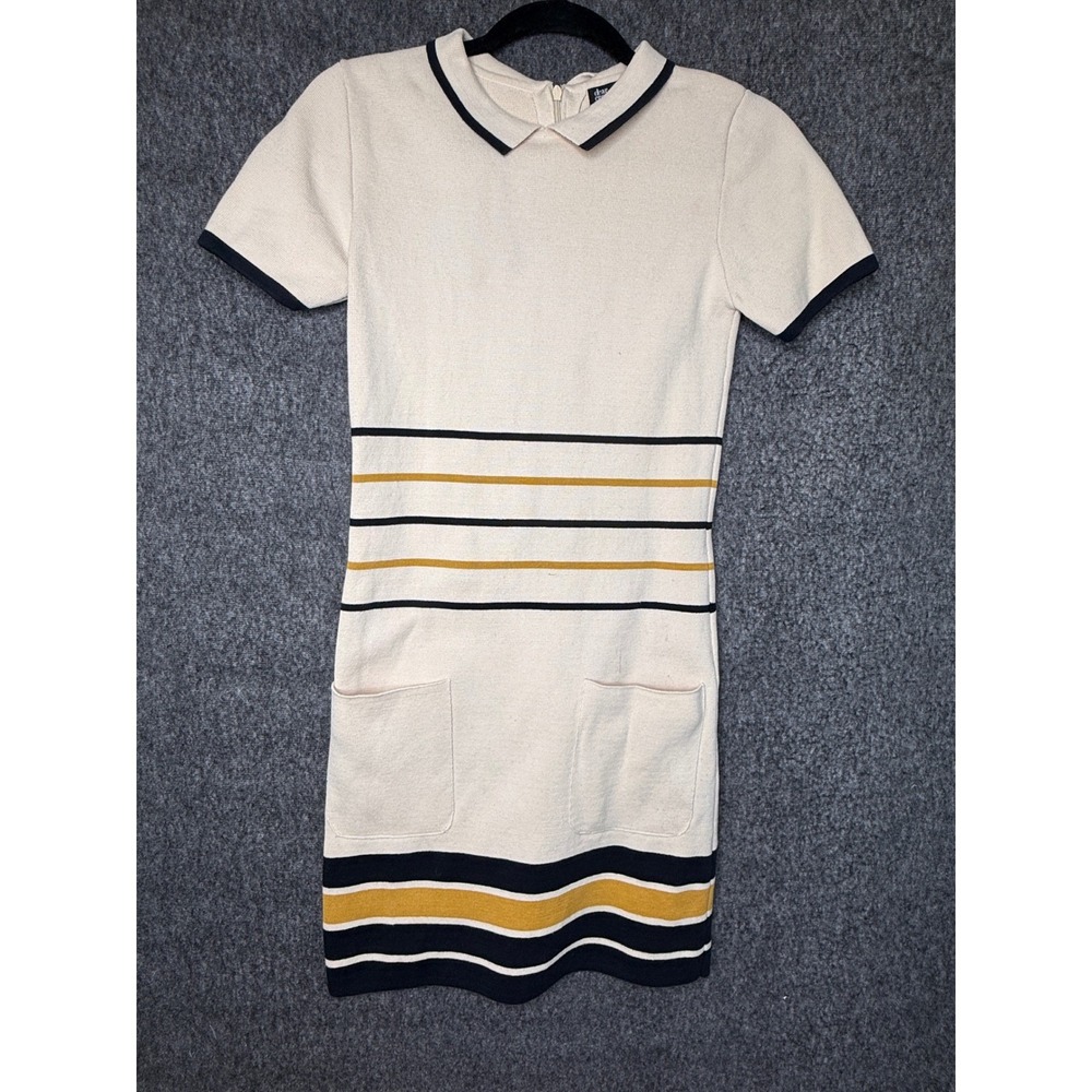 Dear Creatures Cream Striped Mod Mini Dress Peter Pan Collar Pockets XS RN125266